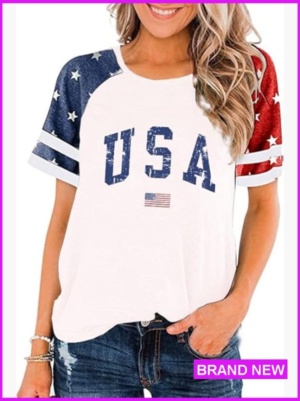 Patriotic Stars Stripes T-Shirt Cute Graphic Blouse USA Flag Summer Tee